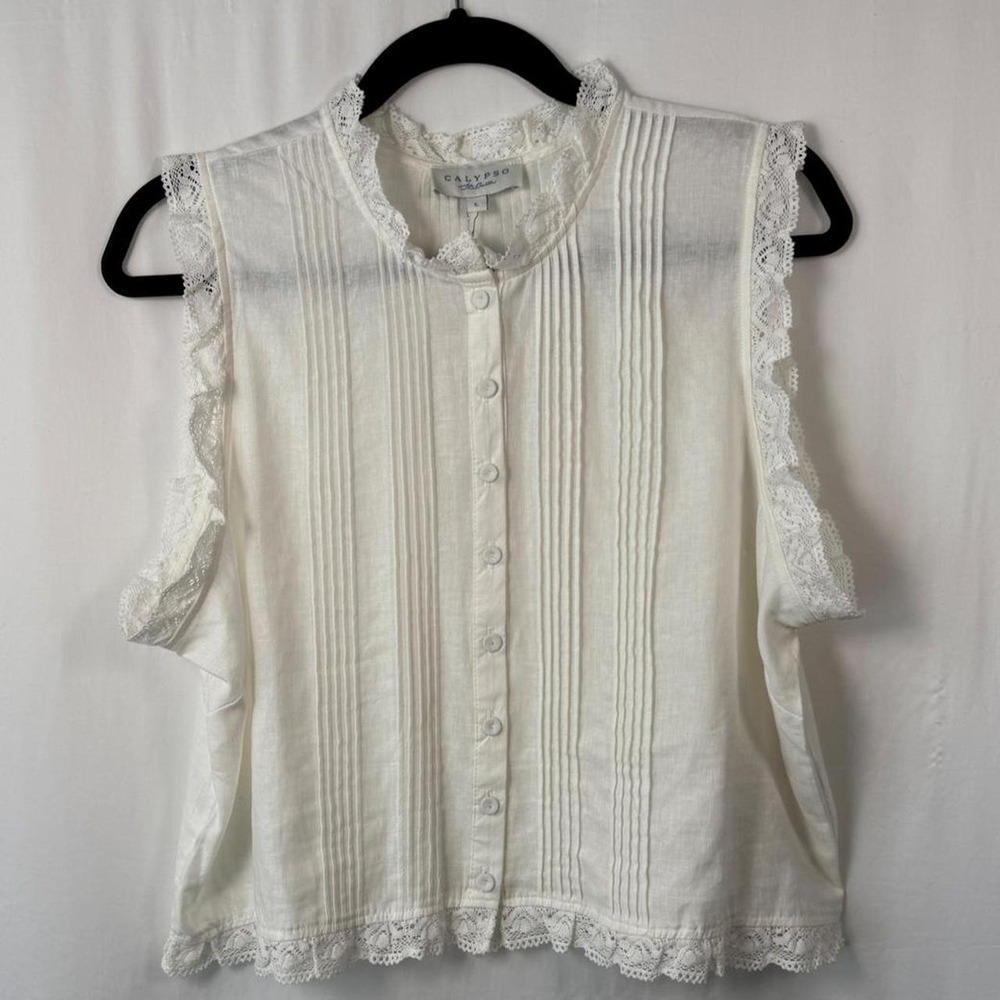 Calypso White Linen Blouse with Lace Trim and Pleated Detailing, size L NWT